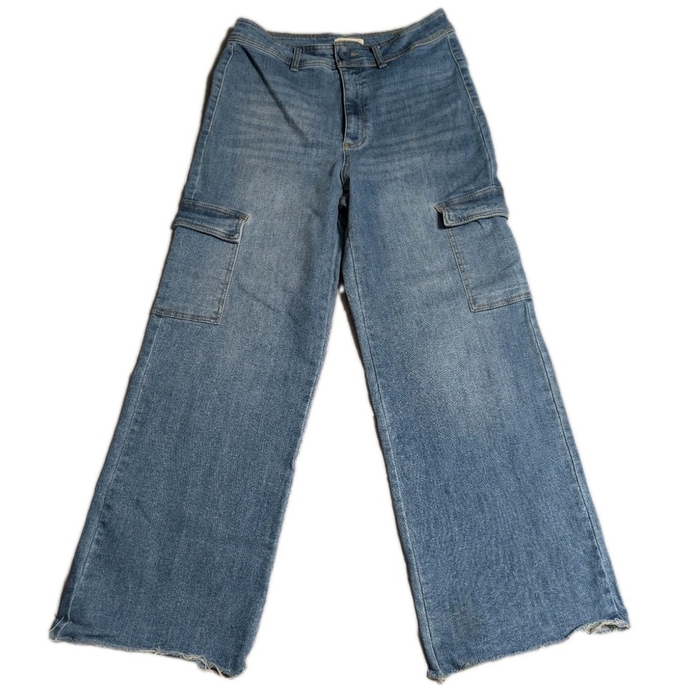 OAT New York Wide Leg Cargo Jeans Womens 10 Blue Ankle Raw Hem Denim Pants